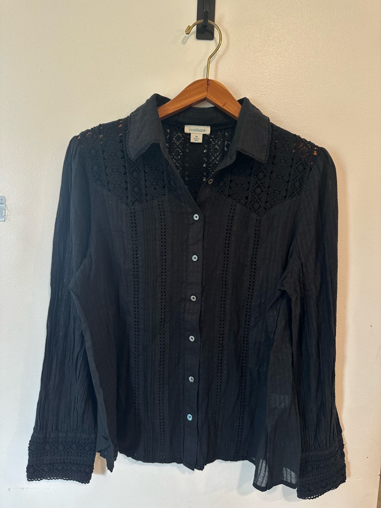 Sundance Lace Crochet Trim Button Down Blouse Top Women's Medium Black Cotton